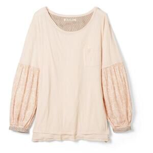 Free People Jade Long Sleeve Tee Top Cream 100% Cotton Floral Balloon Sleeve XS